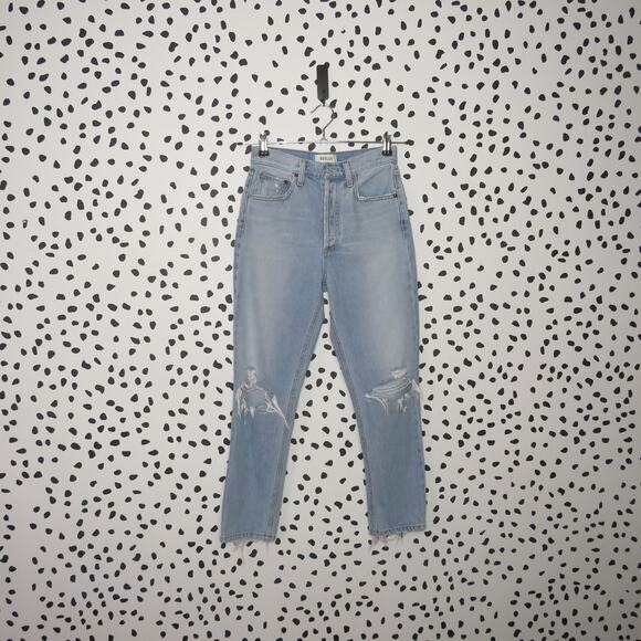 Agolde Light Wash Distressed Riley High Rise Straight Leg Cropped Jeans - Picture 3 of 12